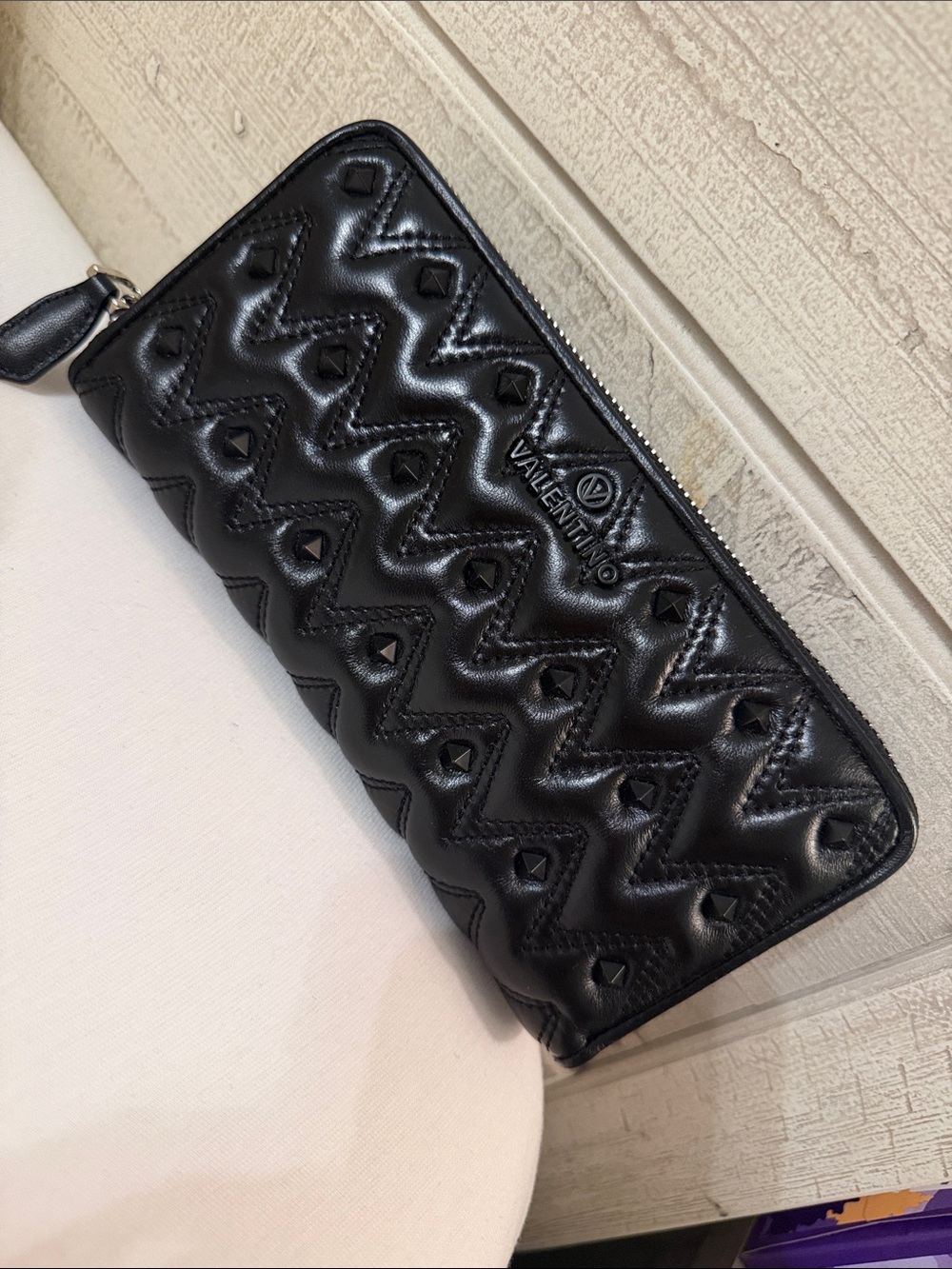 Valentino Black Quilted Stud Zip-Around Wallet